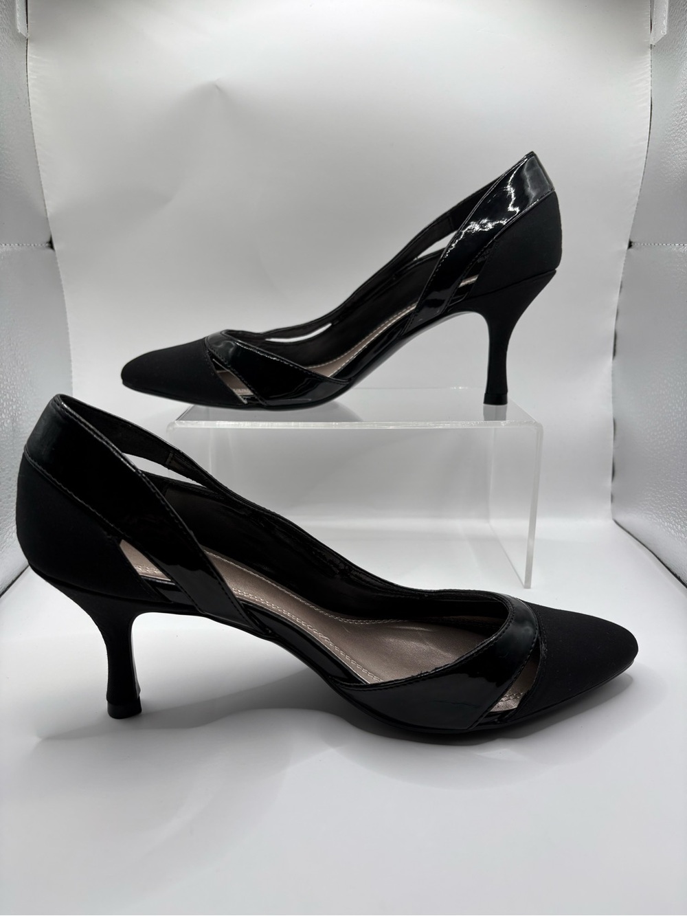 Impo Black Patent and Fabric Pointed-Toe Mid-Heel Pumps